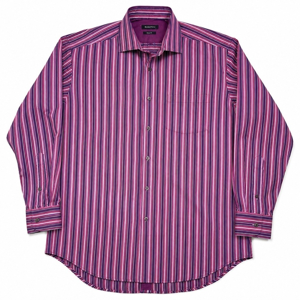 Bugatchi Classic Fit Mens Button Front Dress Shirt Purple Pink Stripe Large